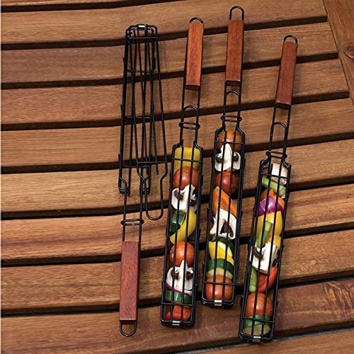 Non-Stick BBQ Kabab Grilling Basket, Roasting Grill Net, Stainless Steel Mesh Barbecue, Rotisserie Basket with Wooden Handle (Pack of 1) - Black