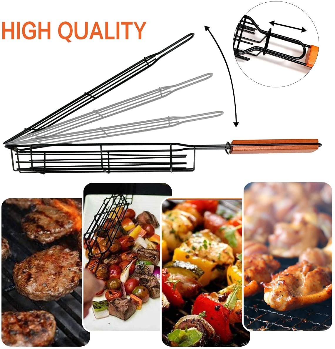 Non-Stick BBQ Kabab Grilling Basket, Roasting Grill Net, Stainless Steel Mesh Barbecue, Rotisserie Basket with Wooden Handle (Pack of 1) - Black