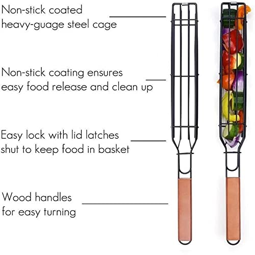 Non-Stick BBQ Kabab Grilling Basket, Roasting Grill Net, Stainless Steel Mesh Barbecue, Rotisserie Basket with Wooden Handle (Pack of 1) - Black