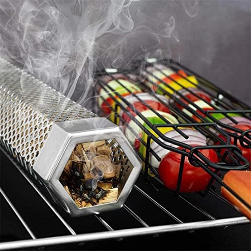 Non-Stick BBQ Kabab Grilling Basket, Roasting Grill Net, Stainless Steel Mesh Barbecue, Rotisserie Basket with Wooden Handle (Pack of 1) - Black