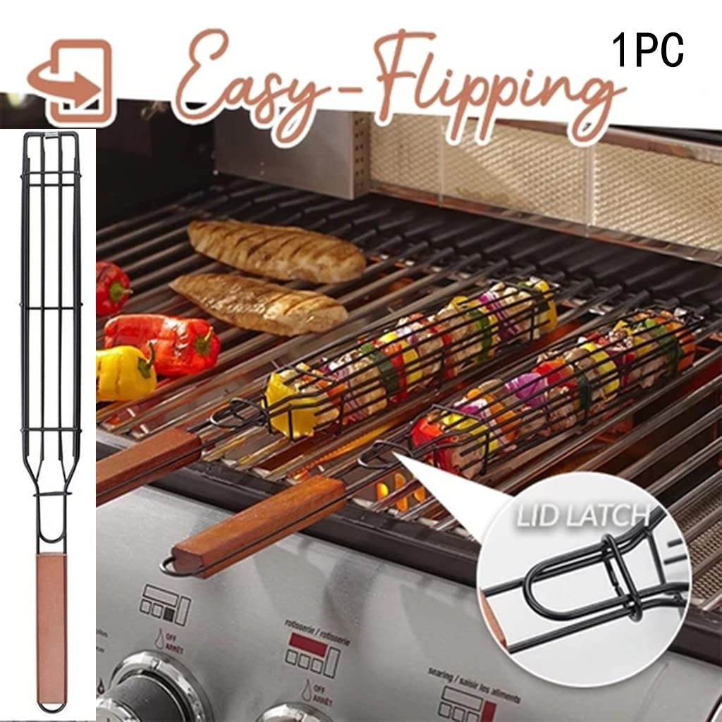 Non-Stick BBQ Kabab Grilling Basket, Roasting Grill Net, Stainless Steel Mesh Barbecue, Rotisserie Basket with Wooden Handle (Pack of 1) - Black