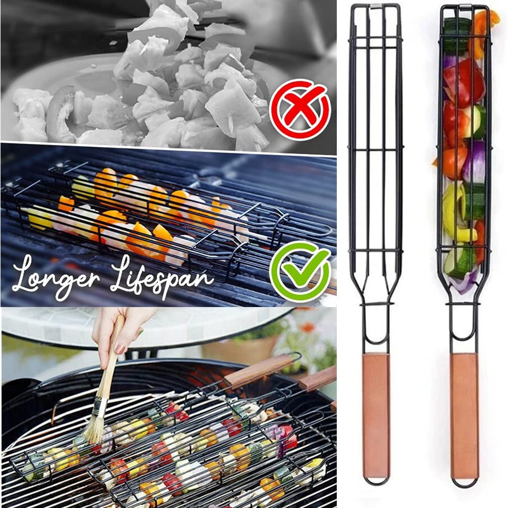 Non-Stick BBQ Kabab Grilling Basket, Roasting Grill Net, Stainless Steel Mesh Barbecue, Rotisserie Basket with Wooden Handle (Pack of 1) - Black