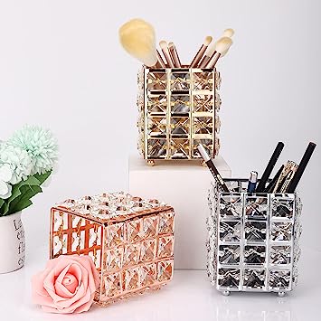 Crystal Makeup Brush Holder, Cosmetic Organizer For Makeup Brushes, Rectangle, Rose Gold