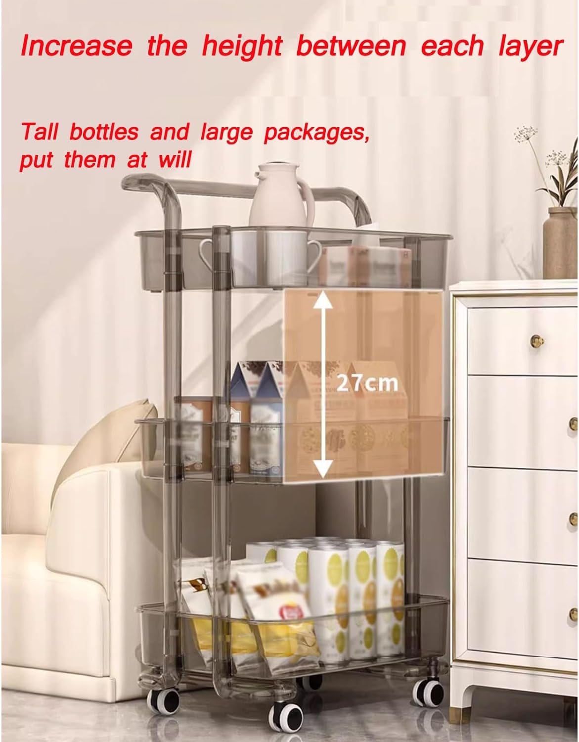3 Layer Rolling Carts With Wheels For Groceries, Strong Load-Bearing With Low-Noise Multi-Functional Mobile Shelf