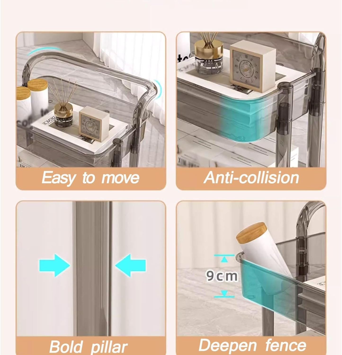 3 Layer Rolling Carts With Wheels For Groceries, Strong Load-Bearing With Low-Noise Multi-Functional Mobile Shelf