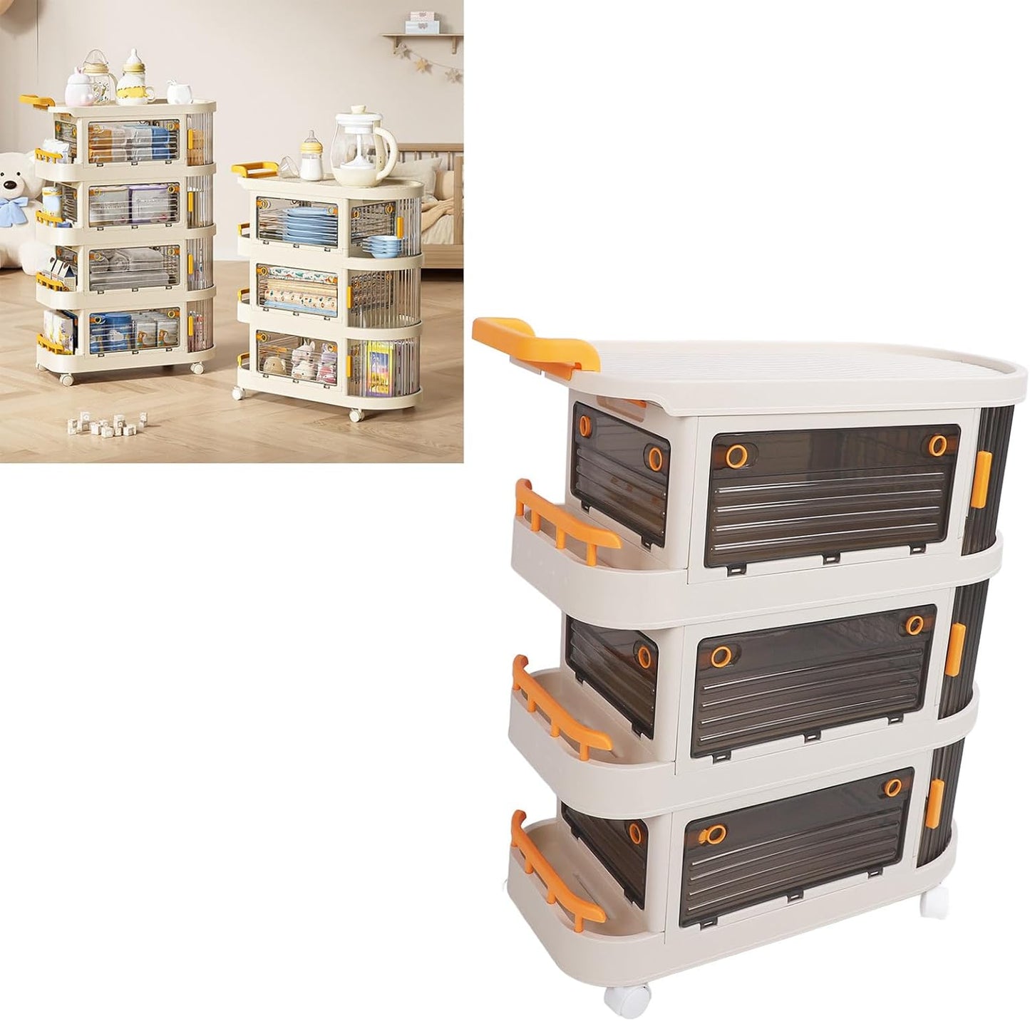 Rolling Utility Cart, Large Capacity Plastic Rolling Storage Cart With Transparent Panel, Handle And Lockable Caster Wheels
