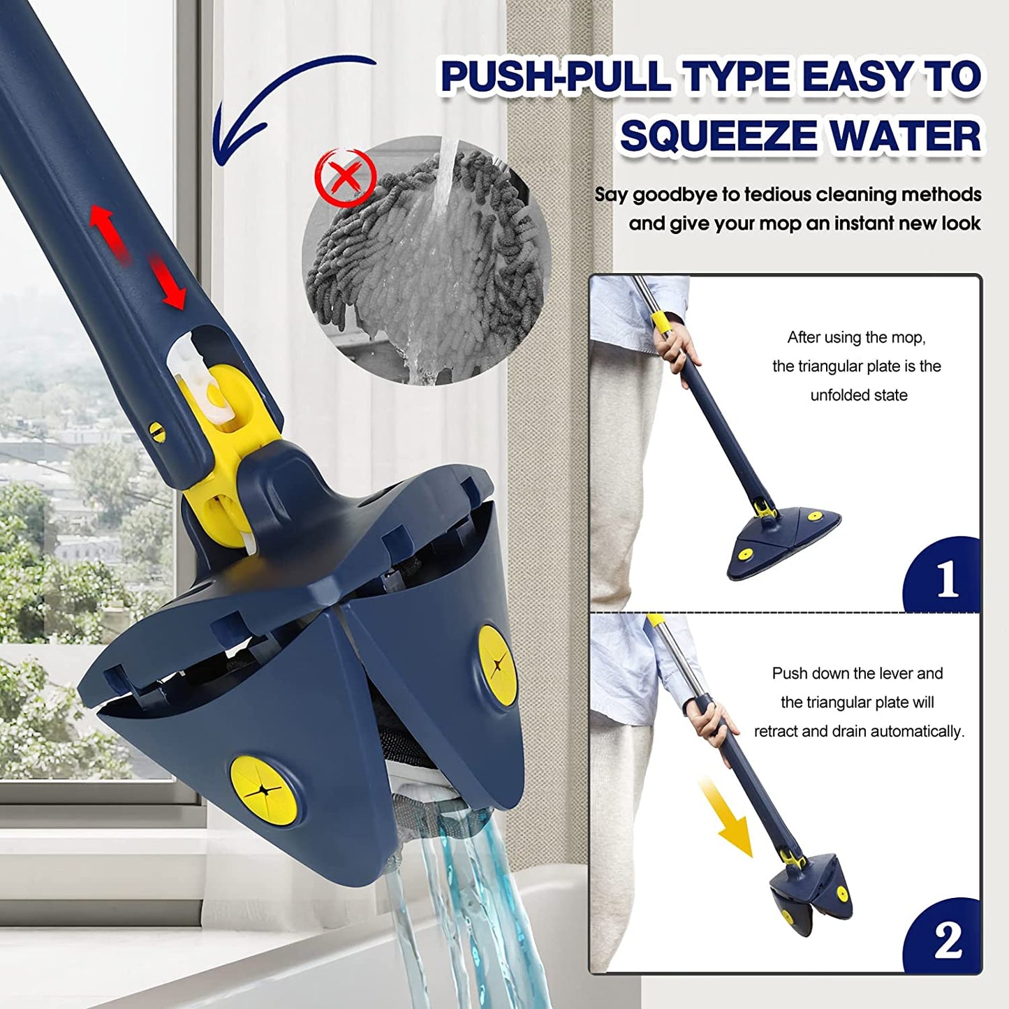 Rotatable Adjustable Cleaning Mop, Stainless Steel Handle Multifunctional Wet And Dry Mop For Floor/Ceiling/Wall