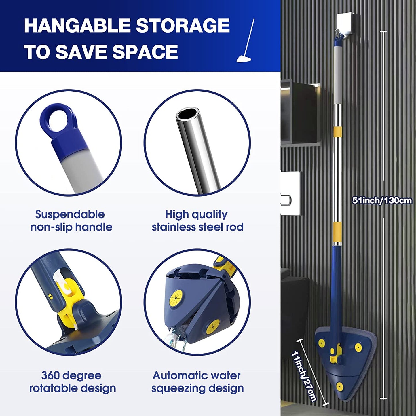 Rotatable Adjustable Cleaning Mop, Stainless Steel Handle Multifunctional Wet And Dry Mop For Floor/Ceiling/Wall