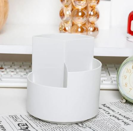 Rotating Pen Holder With Multiple Compartments, Office Home School Storage Box (White)