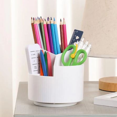 Rotating Pen Holder With Multiple Compartments, Office Home School Storage Box (White)