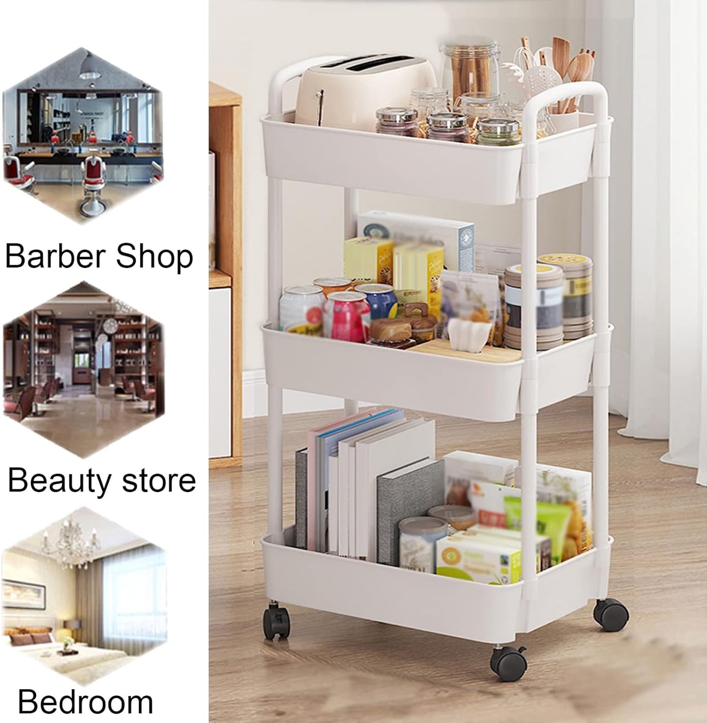 Salon Trolley Storage Shelf 3 Layers Of Rolling Carts, Multifunctional Cart Storage Rack, White