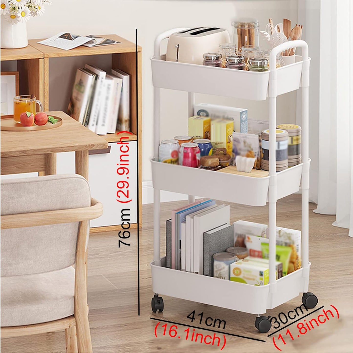 Salon Trolley Storage Shelf 3 Layers Of Rolling Carts, Multifunctional Cart Storage Rack, White