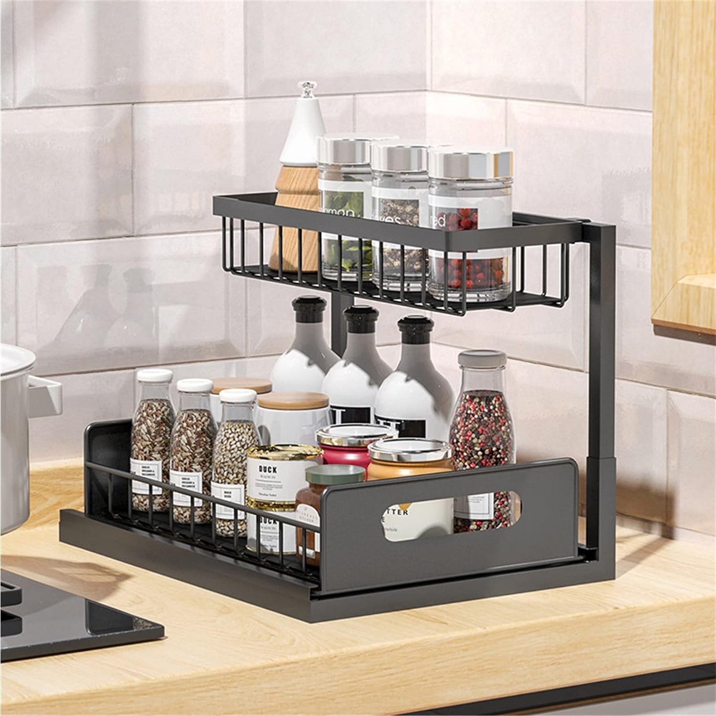 Sink Storage Racks, Removable Drawer Basket Organizers, Kitchen Bathroom Sliding Basket Storage/Black
