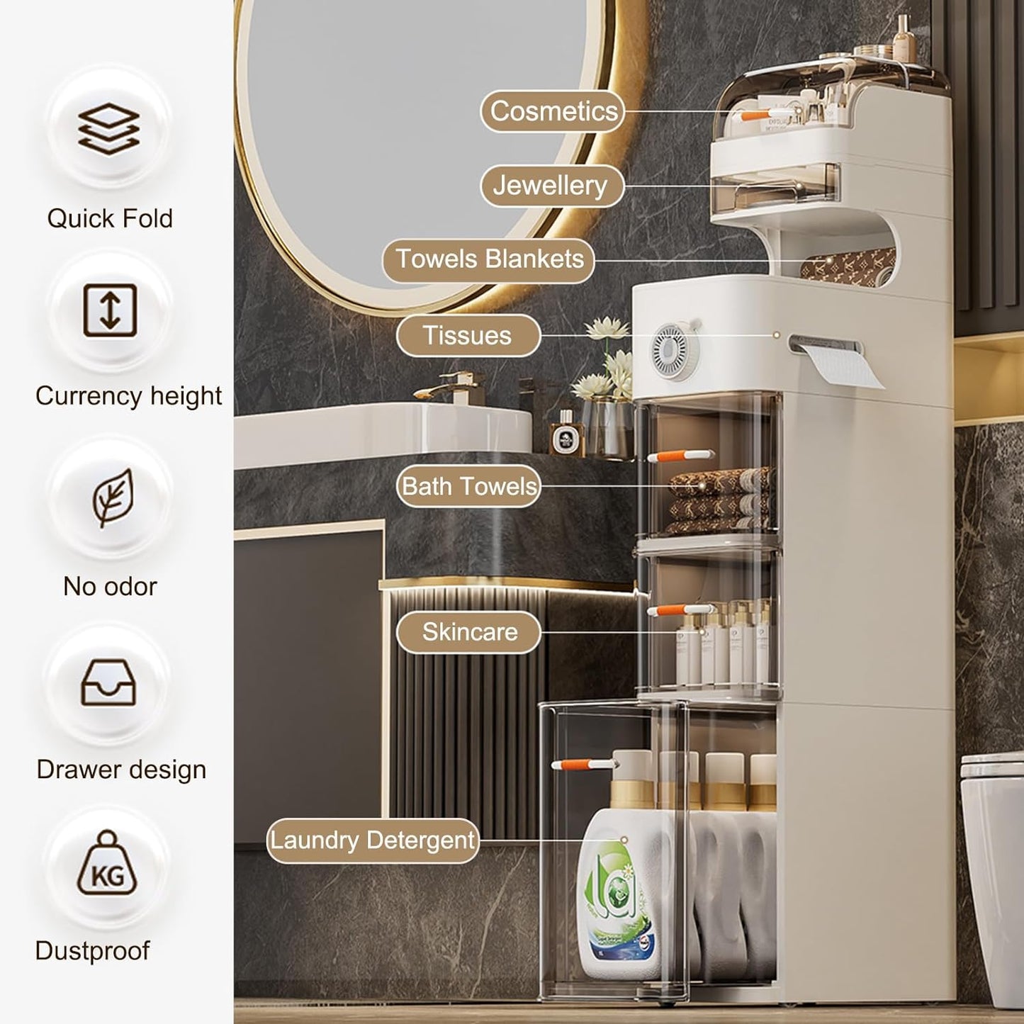 2,3,4 Layer Slim Organizer Cabinet Bathroom Standing Cabinet, Bathroom Floor Cabinet with Drawers