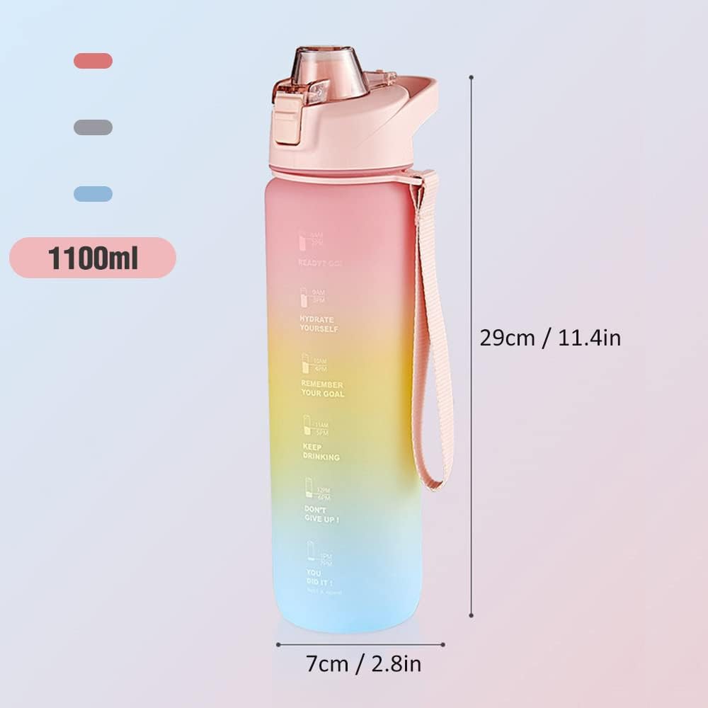 1100ml Sports Water Bottle With Time Marker, Leak Proof Portable Reusable Drinking Bottle