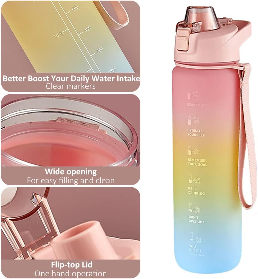 1100ml Sports Water Bottle With Time Marker, Leak Proof Portable Reusable Drinking Bottle