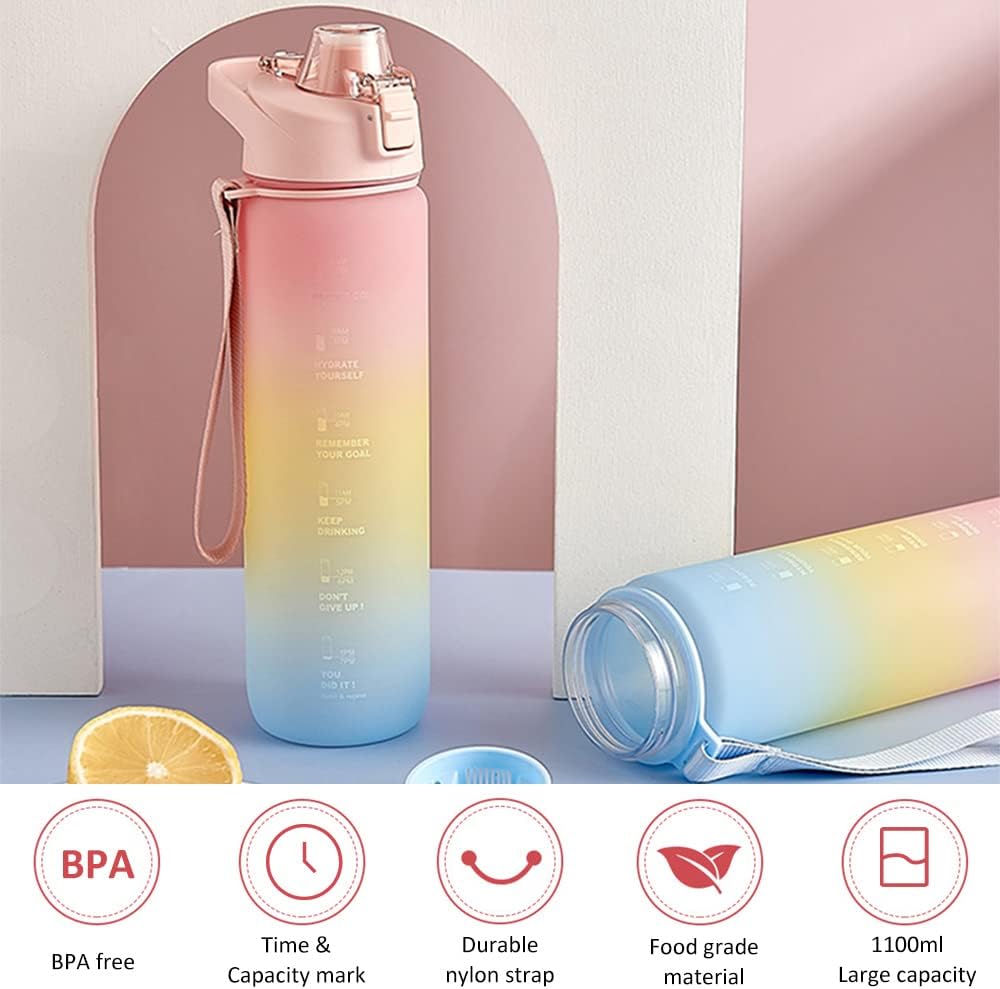 1100ml Sports Water Bottle With Time Marker, Leak Proof Portable Reusable Drinking Bottle