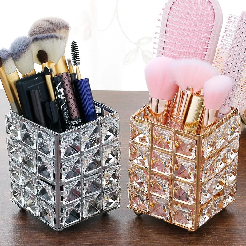 Metal Crystal Square Makeup Box Brush Jewelry Organizer