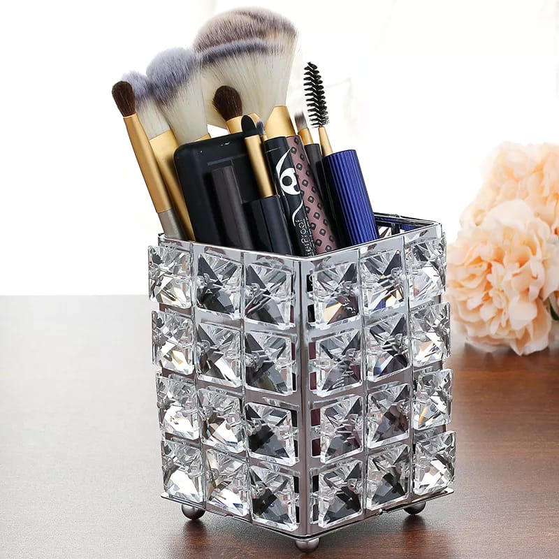 Metal Crystal Square Makeup Box Brush Jewelry Organizer