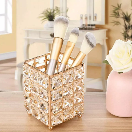 Metal Crystal Square Makeup Box Brush Jewelry Organizer