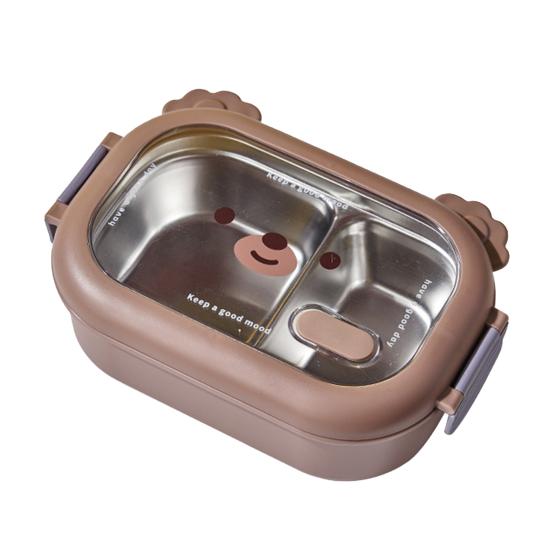 Stainless Steel Children Bento Lunch Box, Bear Cartoon Lunch Box Container Double Sided Lock Design