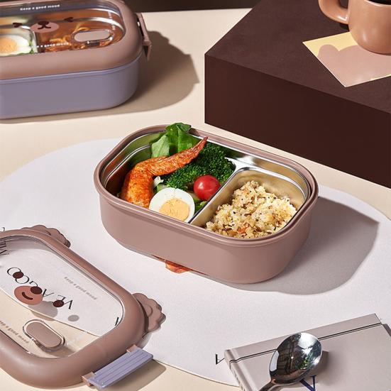 Stainless Steel Children Bento Lunch Box, Bear Cartoon Lunch Box Container Double Sided Lock Design