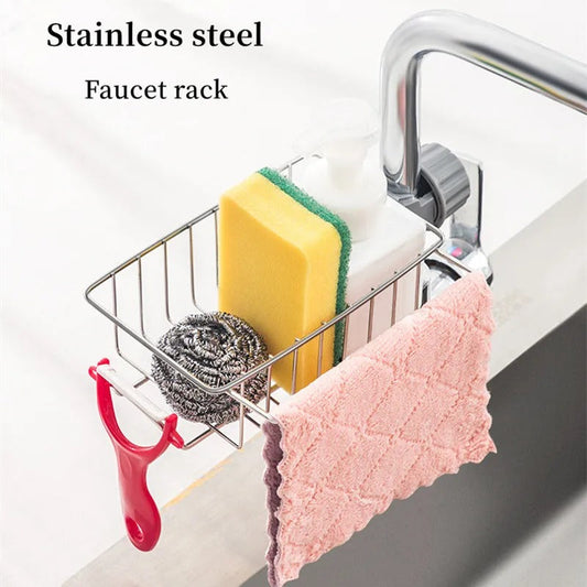 1pcs Stainless Steel Faucet Storage Rack, Adjustable Sink Rag Sponge Draining Rack Kitchen, Bathroom Soap Storage Holder