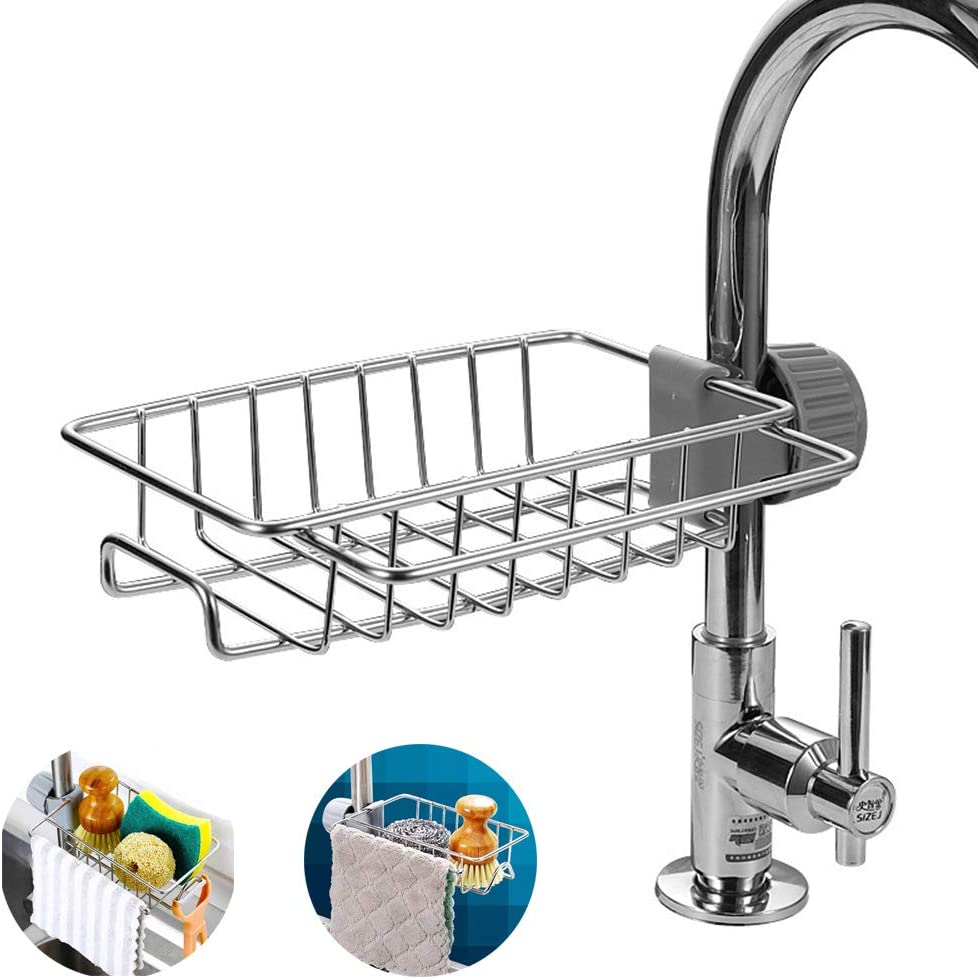 1pcs Stainless Steel Faucet Storage Rack, Adjustable Sink Rag Sponge Draining Rack Kitchen, Bathroom Soap Storage Holder