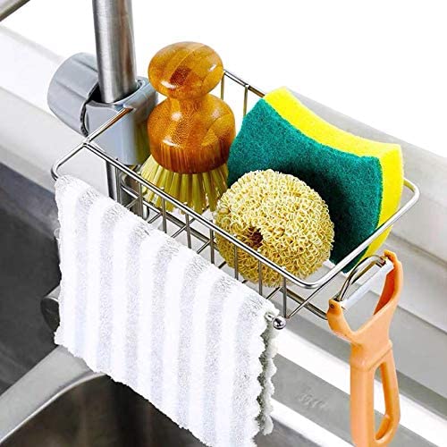 1pcs Stainless Steel Faucet Storage Rack, Adjustable Sink Rag Sponge Draining Rack Kitchen, Bathroom Soap Storage Holder