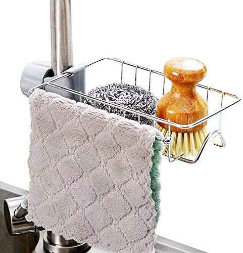 1pcs Stainless Steel Faucet Storage Rack, Adjustable Sink Rag Sponge Draining Rack Kitchen, Bathroom Soap Storage Holder