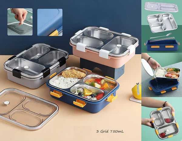 3 Compartment Stainless Steel Insulated Perfect Lunch Box. (Premium Quality)