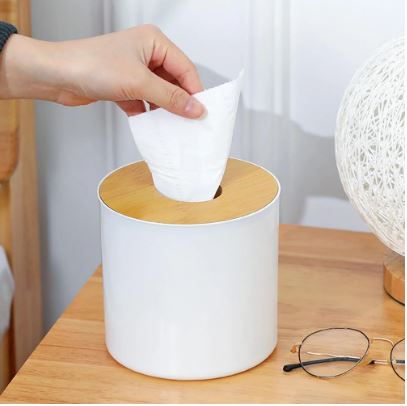 Wooden Cover Plastic Tissue Holder, Anti-Slid Base Wide Opening Tissue Organizer Box (White Color)