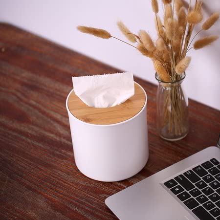 Wooden Cover Plastic Tissue Holder, Anti-Slid Base Wide Opening Tissue Organizer Box (White Color)