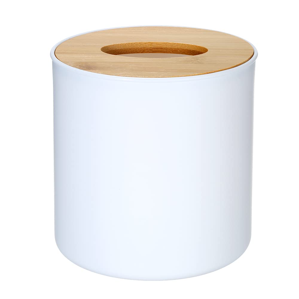 Wooden Cover Plastic Tissue Holder, Anti-Slid Base Wide Opening Tissue Organizer Box (White Color)