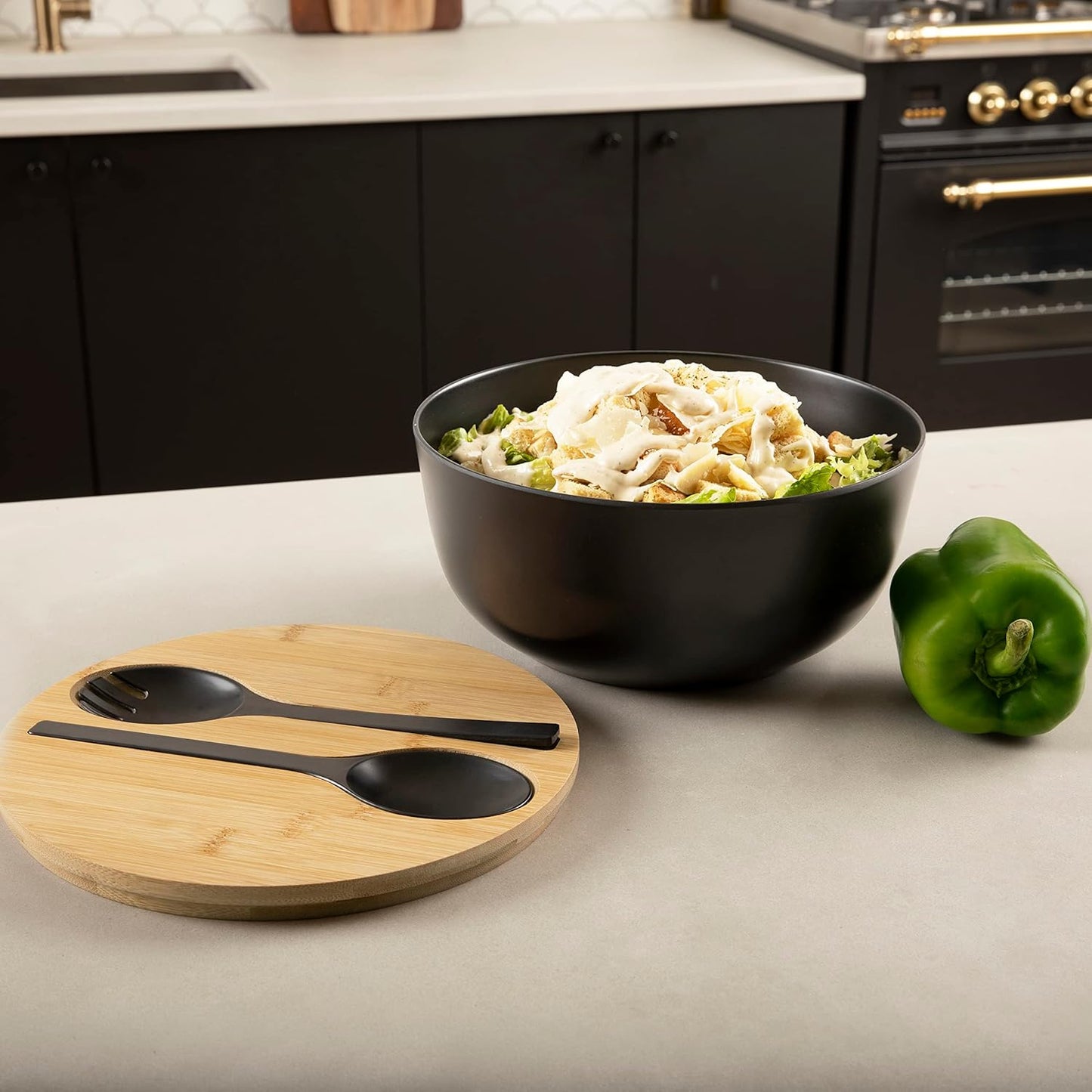Bamboo Fiber Salad Bowl with Servers Set, Large Solid Wooden Salad Bowls With Lid, Fiber Spoon and Fork