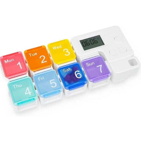 7 Day Pill Dispenser Organizer with Reminder Alarm, BPA Free Portable Travel Vitamins Medicine Pill Box Case