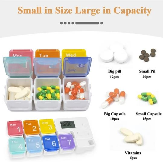 7 Day Pill Dispenser Organizer with Reminder Alarm, BPA Free Portable Travel Vitamins Medicine Pill Box Case