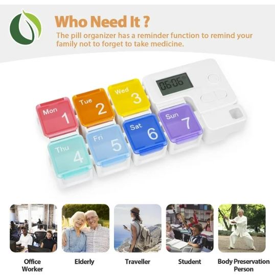 7 Day Pill Dispenser Organizer with Reminder Alarm, BPA Free Portable Travel Vitamins Medicine Pill Box Case