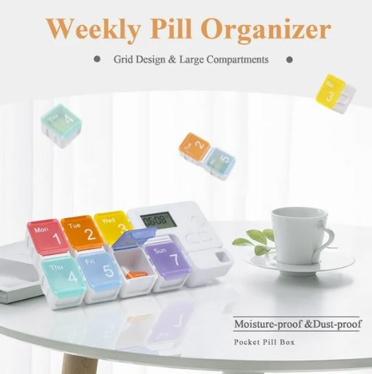 7 Day Pill Dispenser Organizer with Reminder Alarm, BPA Free Portable Travel Vitamins Medicine Pill Box Case
