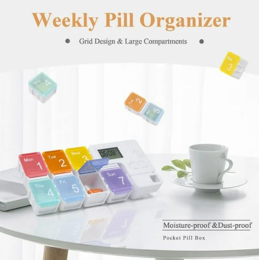 7 Day Pill Dispenser Organizer with Reminder Alarm, BPA Free Portable Travel Vitamins Medicine Pill Box Case