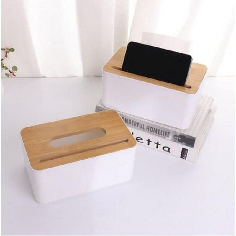 Creative Wooden Tissue Holder With Lid Household Paper Towel Storage Box Home Office Removable Tissue Case With Phone Holder