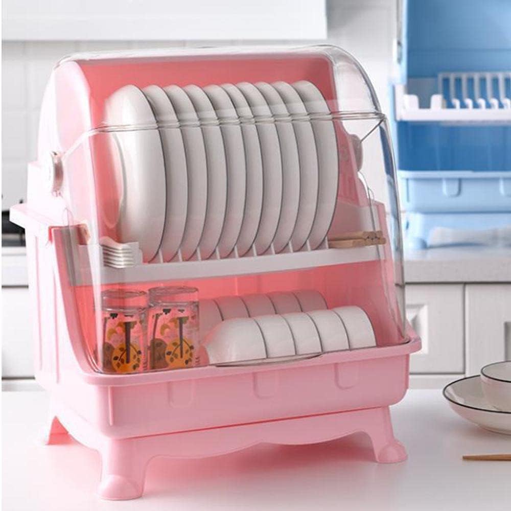 Dish Drying Rack with Lid, 2 Tier Dish Rack with Utensil Holder, Cup Holder and Dish Drainer for Kitchen Counter, Plastic Dish Drain