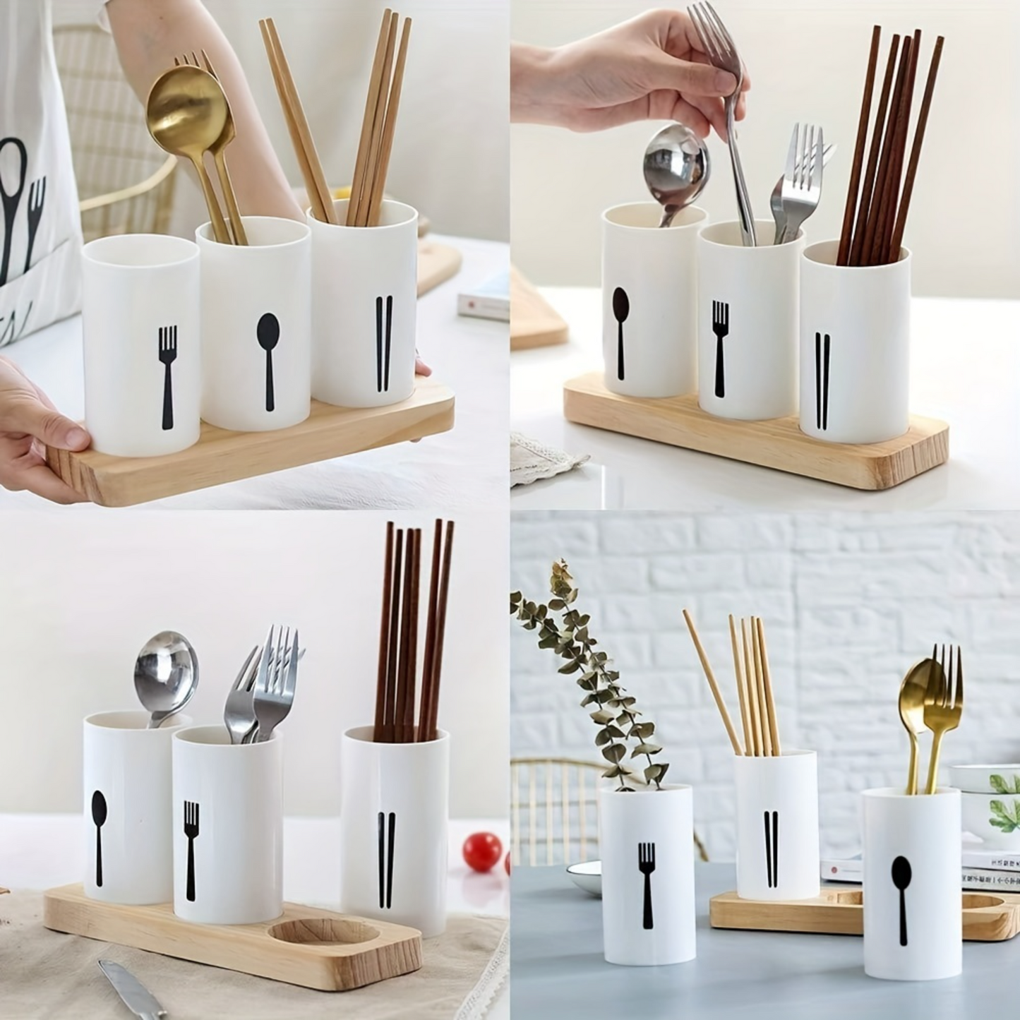 Plastic Cutlery Holder With Wood Tray (Premium Quality)