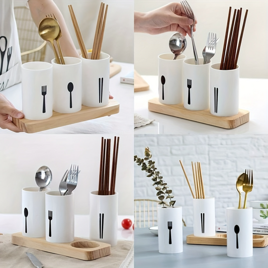 Plastic Cutlery Holder With Wood Tray (Premium Quality)
