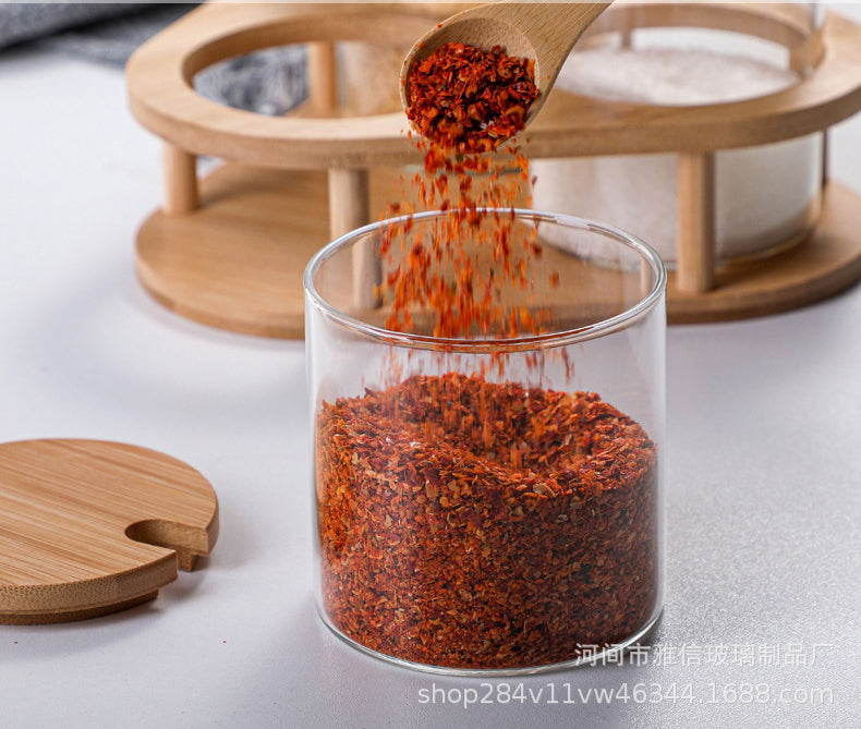 Wooden Lid Glass Seasoning Jar Chili Pepper Shaker Spice Box