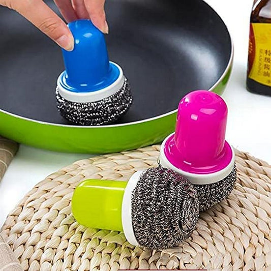 Cleaning Brush Kitchen Stainless Steel Wire Ball with Handle Clean Brush for Dish Bowl Pan Clean Metal Scrubber Ball