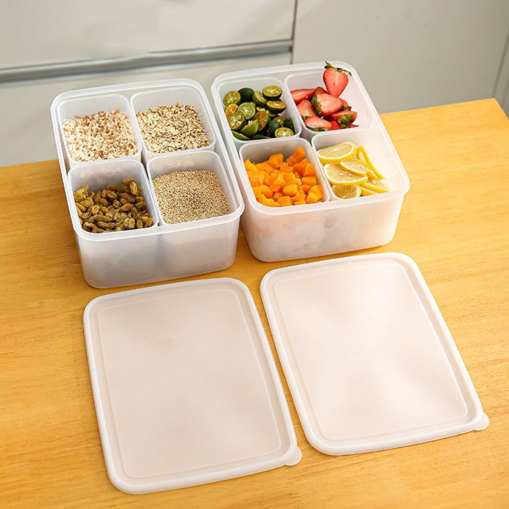 4 Grids Separated Grains Storage Box Rectangle Transparent Spice Container Refrigerator