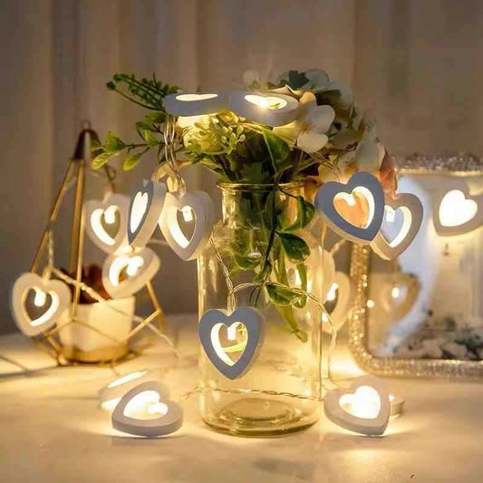 Wooden Heart Shaped String Lights (20) Cell+USB Operated