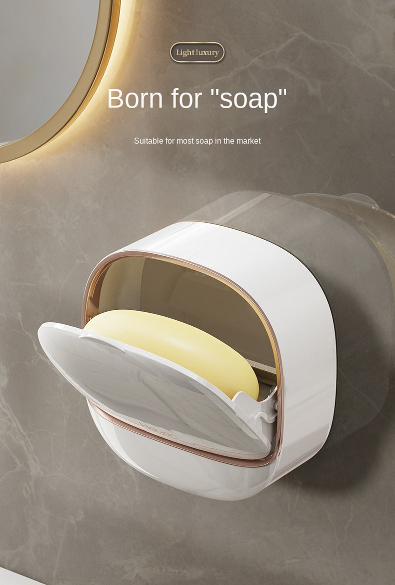 1Pcs Wall Mounted Soap Holder With Lid And Drain Tray