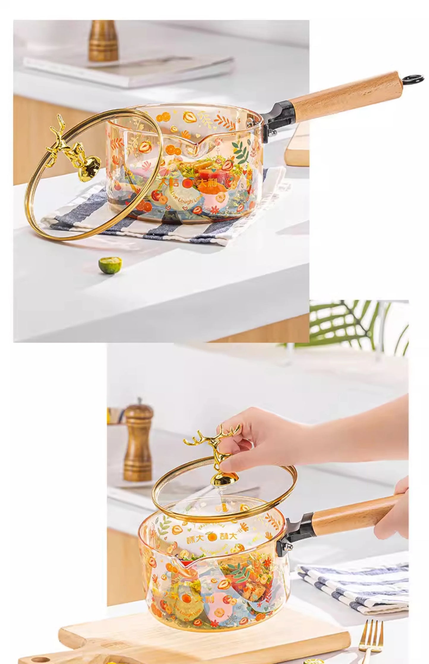 Heat Resistant Borosilicate Glass Cooking Pot Wooden Handle
